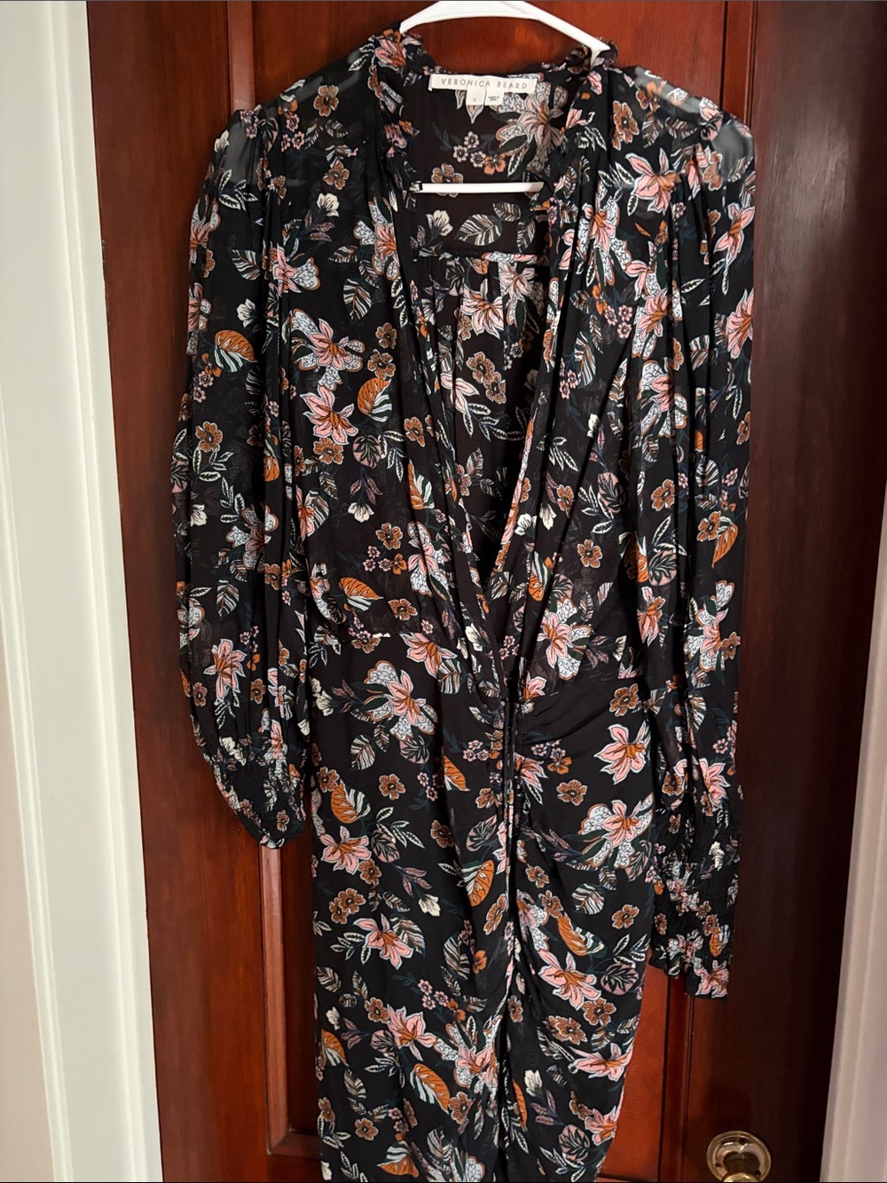 Veronica Beard Black Floral Long-Sleeve Wrap Dress